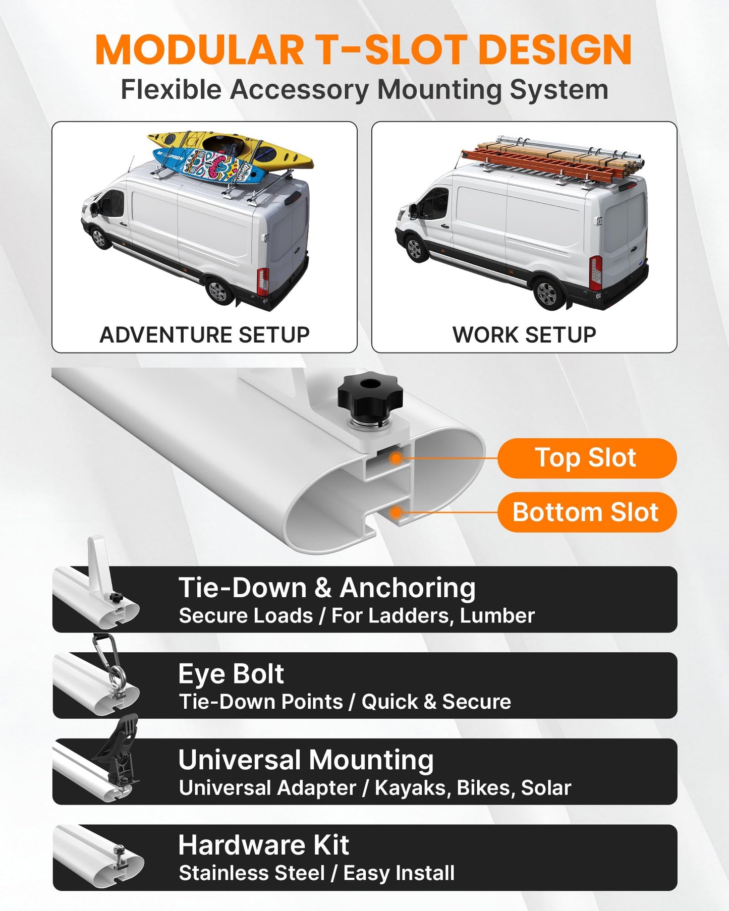 MELIPRON Aluminum Van Roof Rack Fit for Ford Transit, Ram Promaster, Nissan NV, No Drill Cargo Van Ladder Rack, Aerodynamic Quiet T-Slot 3 Crossbars, Black