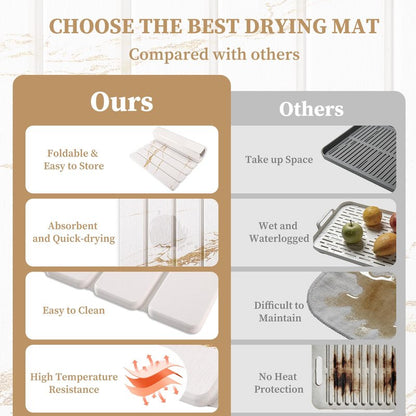 3 PCS Large Stone Dish Drying Mat for Kitchen Counter - Quick Dry Diatomaceous Earth Mat with 2 Coasters, Ultra Absorbent Stone Drying Pad for Dishes & Cups, Heat Resistant, Gold Marble
