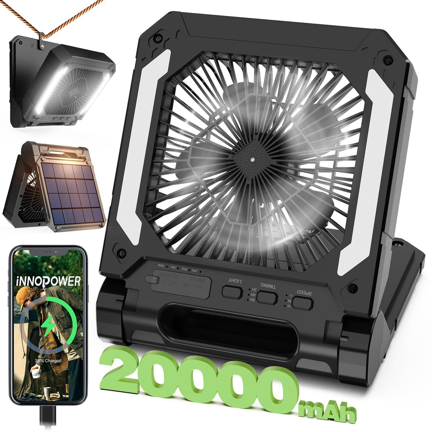 20000mAh Portable Fan Rechargeable with Solar Panel 2-in-1, 3 Speeds Cordless Battery Powered Fan with Led Lantern,Timer, Quiet USB-C Table Fan for Travel Tent Hurricane Office Home Bedroom (Black)