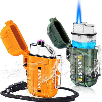 LcFun 2 Pack Waterproof Outdoor Lighter, Windproof Torch Lighters Butane Refillable, Electric Dual Arc Plasma Lighter USB Rechargeable, Tactical Survival Gear Gadgets for Men for Camping, Hiking
