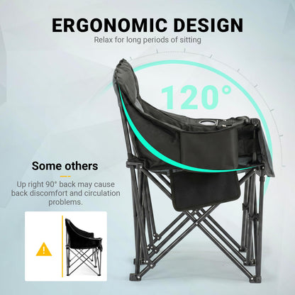 Overmont Oversized Double Camping Chair for Adults Supports up to 850 lbs XXL Heavy Duty Padded Folding Loveseat with Cooler Bag and Cup Holder for Outdoor, Beach, Fishing, Lawn, Black