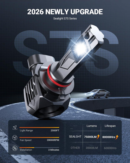 SEALIGHT S7S 9005 Fog Light 75000LM Brightness, 12 Chips Extra Wide View High Power Cooling System, 6500K Cool White IP68 Waterproof, 80000 Hours Lifespan, 2 Pack