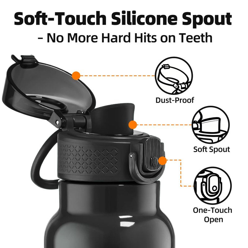 Fanhaw Daylite Series 24 oz Stainless Steel Insulated Water Bottle with Silicone Spout Lid, Double-Wall Vacuum Leakproof Metal Bottle, Anniversary Birthday Gift for Kids, Women & Men (Glossy Black)