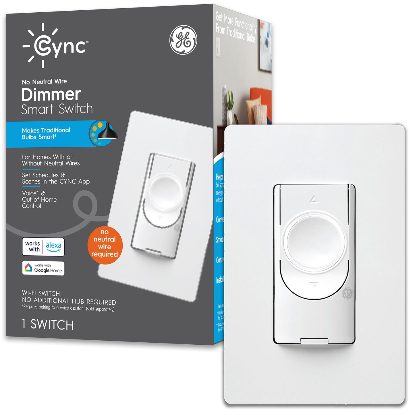 GE CYNC Smart Dimmer Light Switch, Neutral Wire Required, Bluetooth and 2.4 GHz WiFi 4-Wire Switch, Works with Amazon Alexa and Google Home, White Light Dimmer (1 Pack)