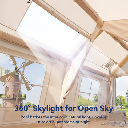 8-10 Person Inflatable Camping Tent with 2 Divider Rooms, Waterproof 300D Oxford Blow Up Hot Tent with Stove Jack, Awning & Skylight, Easy Setup Air Tent with Pump for Family Glamping