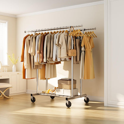 HYSEYY Heavy Duty Clothes Rack, Rolling Clothing Rack for Hanging Clothes with Shelves Load 700LBS,Portable Garment Wardrobe Closet Rack with Wheels for Bedroom,Laundry Room,Retail Store,Silver