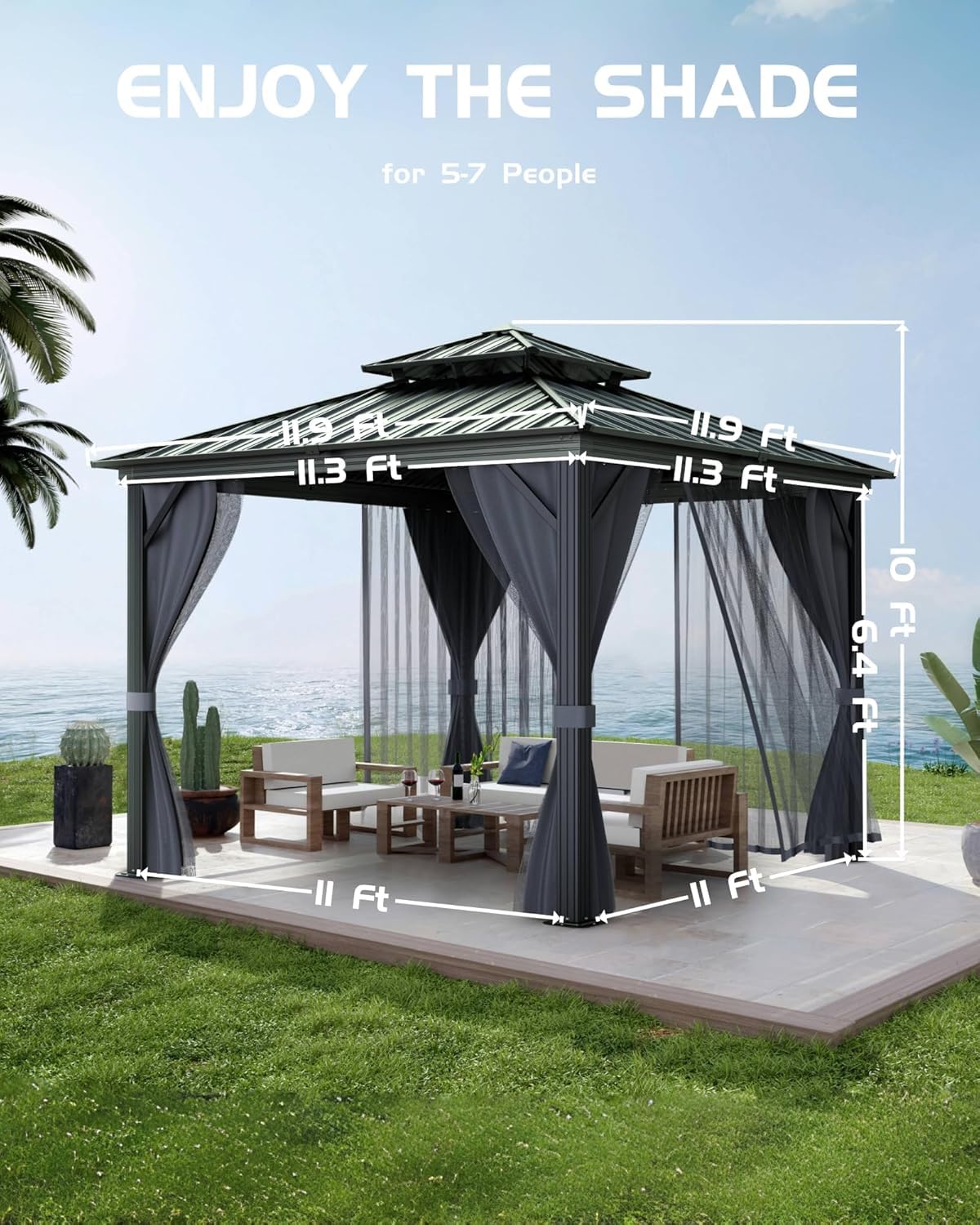 12'X12' Hardtop Gazebo, Outdoor Double Roof Galvanized Steel Gazebo, Aluminum Heavy-Duty Steel Top Canopy with Mosquito Net & Privacy Curtain for Patio, Porch, Garden, Lawn, Deck, Backyard,Gray