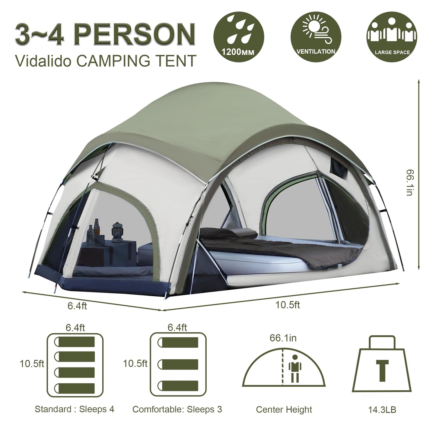 Vidalido 3-4 Person Camping Tent with 2 Large Mesh Door 4 Mesh Window Family Tents, Double Layer Waterproof Portable Easy Setup Camp Tent, Canvas Dome Tents for Camping Outdoor Hiking and Backpacking
