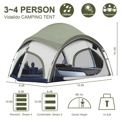Vidalido 3-4 Person Camping Tent with 2 Large Mesh Door 4 Mesh Window Family Tents, Double Layer Waterproof Portable Easy Setup Camp Tent, Canvas Dome Tents for Camping Outdoor Hiking and Backpacking