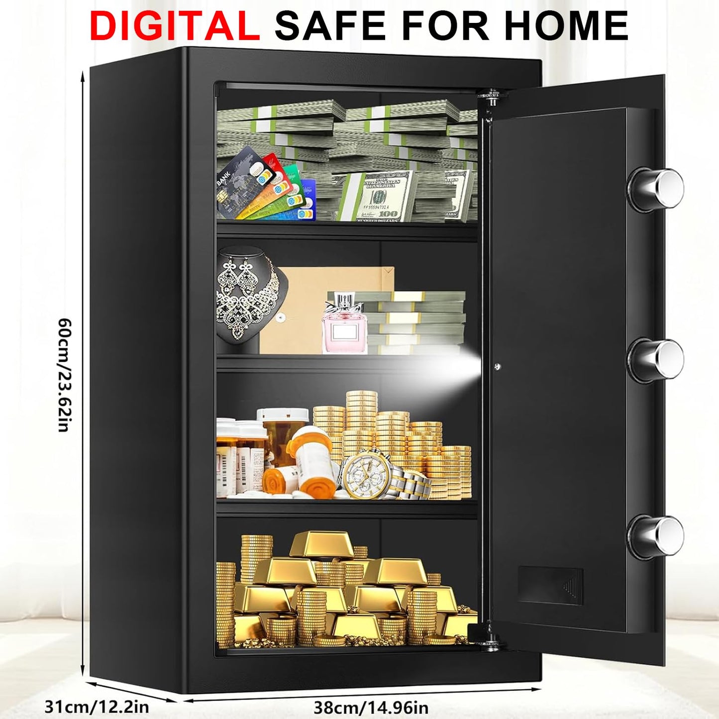 5.1 Cuft Large Home Safes Water and Fireproof with Digital Keypad & Key Lock, Fire Security Safes with 3 Removable Shelves, Anti-Pry Safe Box for Money Documents Jewelry, 23.62"H x14.96"W x 12.2"D