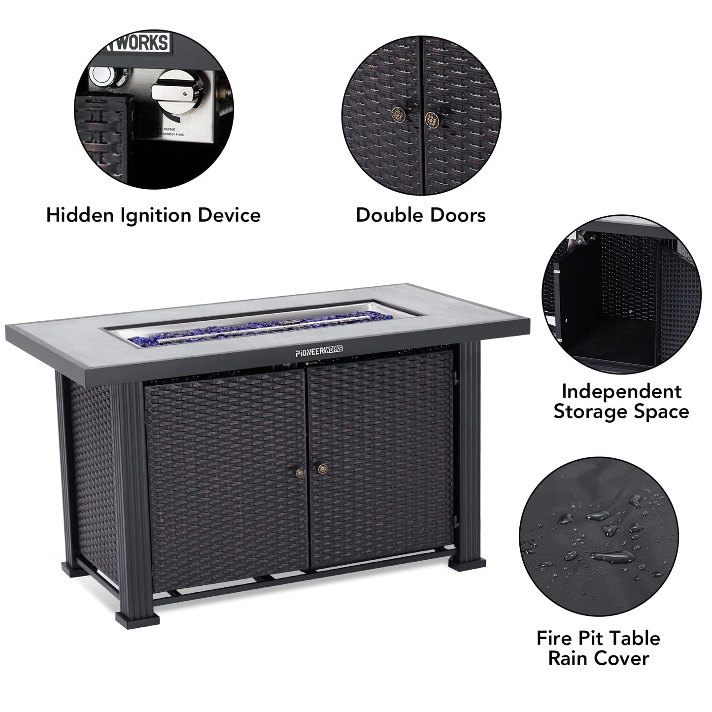 Garvee 44 in Propane Fire Pit Table (Double Door), 50000BTU Rectangle Fire Table with Cover & Rain Cover, Sturdy Steel and Iron Fence Surface, CSA Safety Certified, Companion for Your Garden