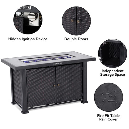Garvee 44 in Propane Fire Pit Table (Double Door), 50000BTU Rectangle Fire Table with Cover & Rain Cover, Sturdy Steel and Iron Fence Surface, CSA Safety Certified, Companion for Your Garden