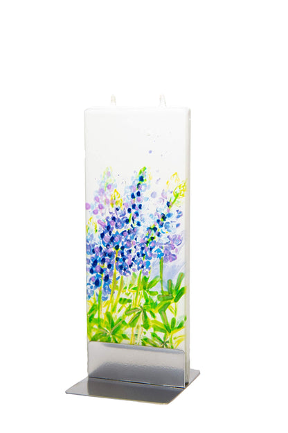 Flatyz Hand Painted Flat Candle | Unscented, Dripless, Smokeless, Decorative | Texas Bluebonnet Flowers | Double Wick with Metal Base | Unique Gift Idea and Home Décor Accent
