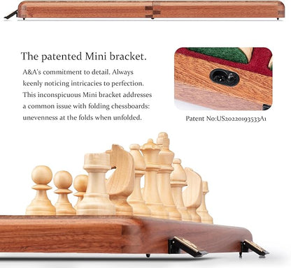 A&ampA Premium Folding Chess Board Game Set 15 Wooden Chess Board &amp 3 King Height Staunton Chess Pieces with 2 Extra Queens Portable Travel Chess Set (Natural Mahogany 15 Inches)