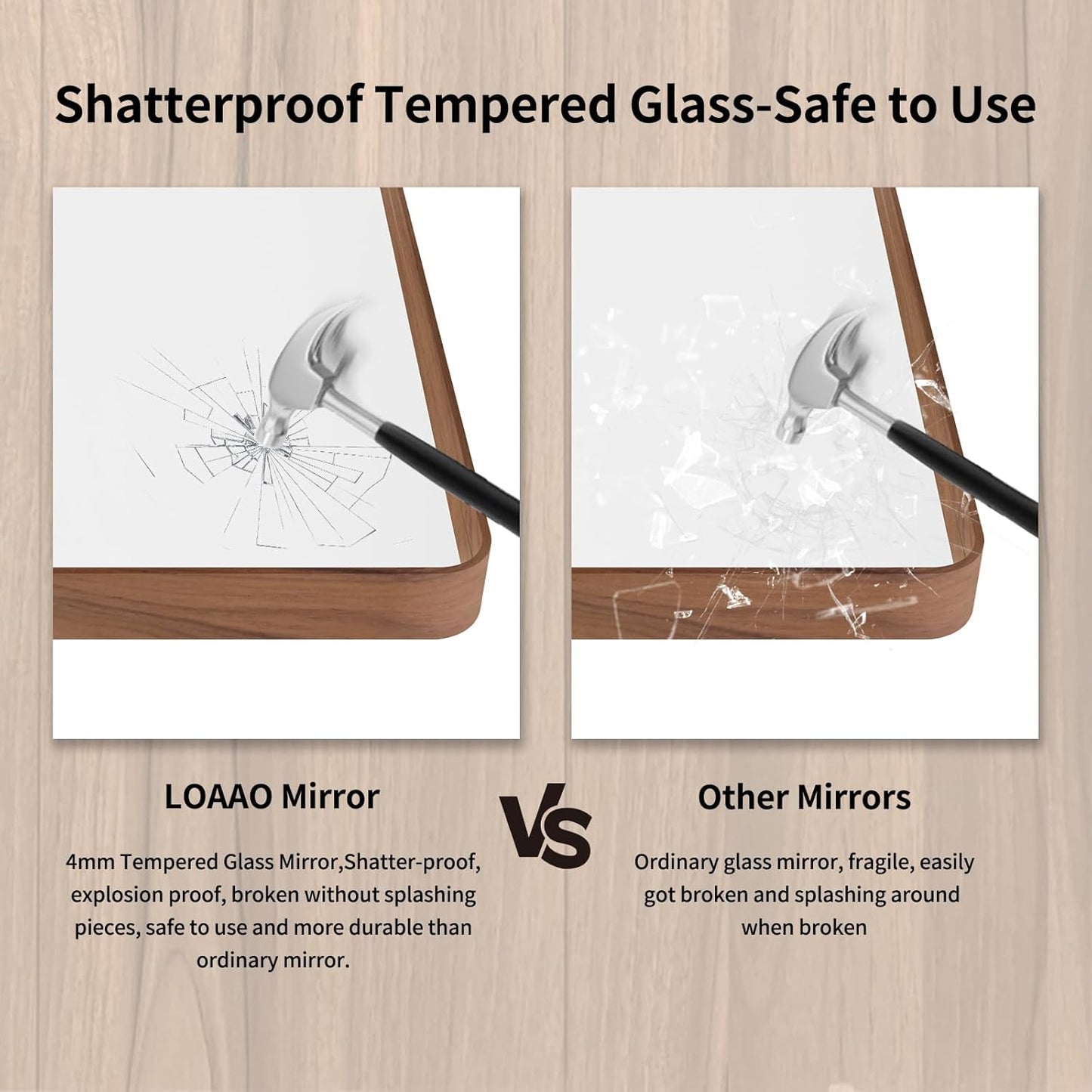 LOAAO Bathroom Mirror - 60X28 Inch Rounded Rectangle Design with Wood Grain Metal Frame | Anti-Rust, Versatile Hanging Options