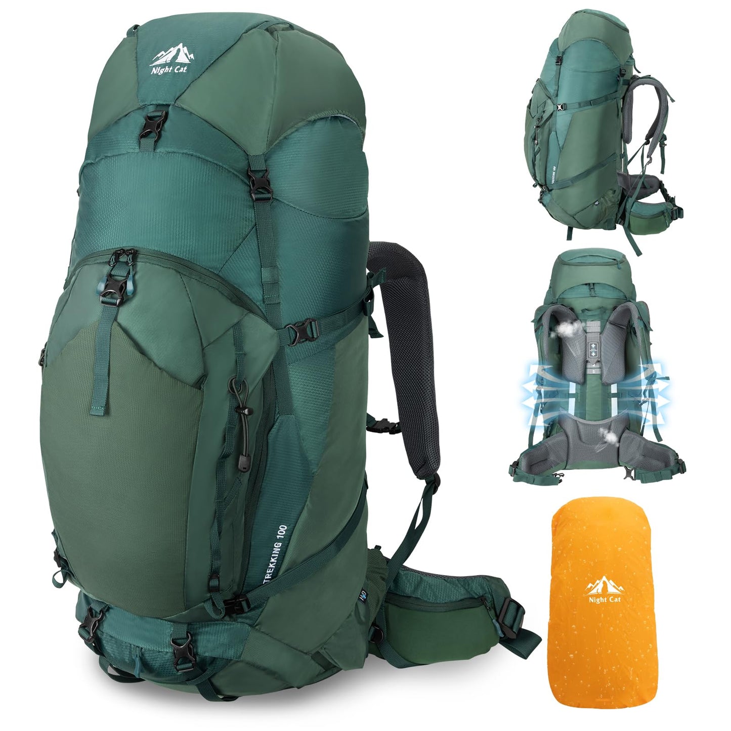 Night Cat Internal-frame Hiking Backpack: 100L Large Camping Backpack for Men Women Traveling Waterproof Rain Cover Green