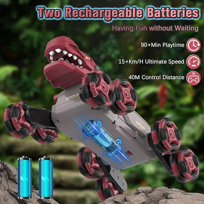8 Wheels Dinosaur Transform RC Stunt Car - 2.4Ghz Remote Control Dinosaurs Monster Truck with Transforming &amp Spray &amp 360° Rotation Dinosaur Toys for Kids 5-7 8-12 Boy Christmas Birthday Gift