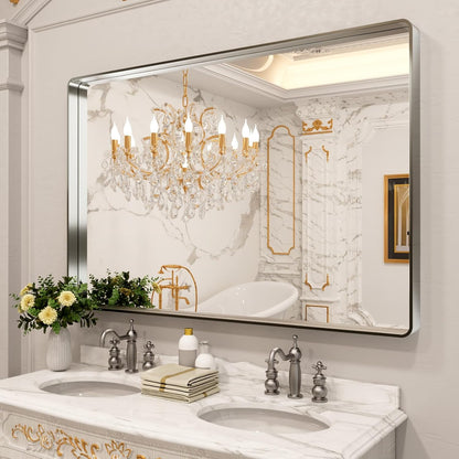 LOAAO Brushed Nickel Bathroom Mirror - 60x40 Inch Rounded Rectangle Design | Anti-Rust, Shatter-Proof, Versatile Hanging Options