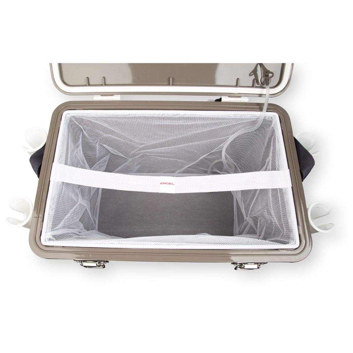 Engel 30qt Live Bait Cooler Box with 2nd Gen 2-Speed Portable Aerator Pump and 4 x Fishing Rod Holder Attachments. Fishing Bait Station and Minnow Bucket in LBC30-RH in White