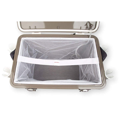 Engel 30qt Live Bait Cooler Box with 2nd Gen 2-Speed Portable Aerator Pump and 4 x Fishing Rod Holder Attachments. Fishing Bait Station and Minnow Bucket in LBC30-RH in White