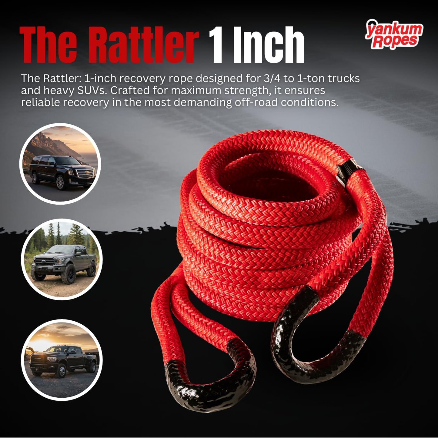 Yankum Kinetic Recovery Rope - Heavy Duty 1" x 20' Tow Rope, Off-Road & Vehicle Recovery Kit, Kinetic Energy Snatch Strap, Soft Shackles for 4x4, Jeep, and Trucks, Made in USA – Rattler Series
