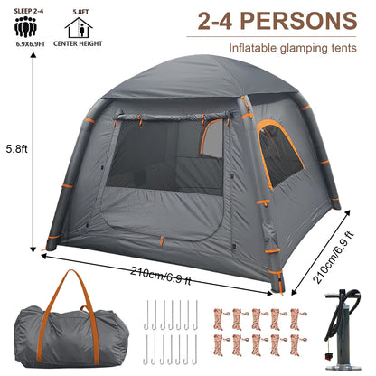 Inflatable Tent with Pump, 2-4 Person Glamping Camping Tents House, Easy Setup Blow Up Family Tents for 4 Seasons Waterproof Inflatable Tent for Camping with Mesh Windows.
