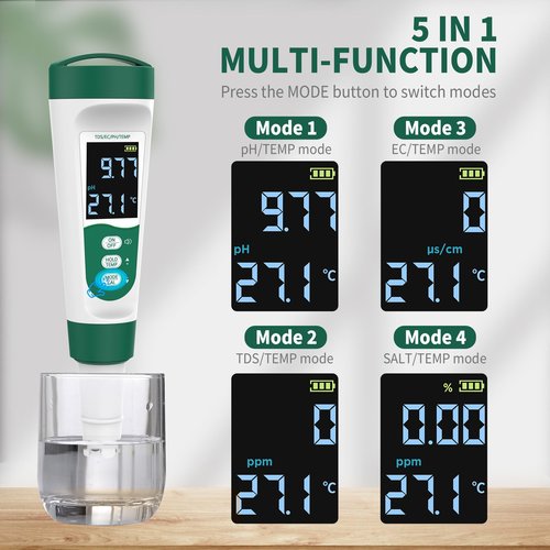 CANNABMALL 5-in-1 Digital PH Meter, with Voice Function, PH/TDS/EC/Temp/Salt Pool Salt Tester, Waterproof & Rechargeable Pen Meter for Swimming Pools, Fish Tank, Aquariums & Hydroponics