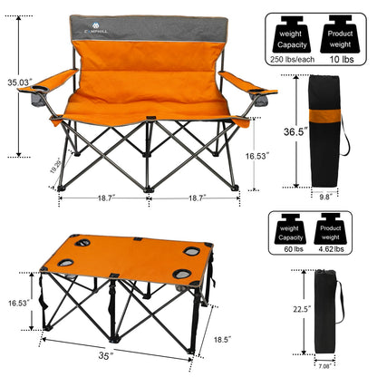 CAMPHILL Camping Set of 4 including Table. Heavy Duty Outdoor Folding Chairs with Cup Holder. Collapsible, Includes One Sofa & Two Single Chairs, Plus Camping Table