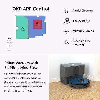 OKP Robot Vacuum L3, 4000Pa Suction, 200min Runtime, 90-Day Self-Emptying Dock, Lidar Navigation, Silent 52dB, WiFi/App/Alexa Control, Smart Home Mapping Robotic Vacuum for Pet Hair, Carpet, Floors
