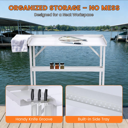 YeeJinHong Heavy-Duty Dock-Mounted Fish Fillet Table, Fish Cleaning Table with HDPE Cutting Board, Measure Mark, Storage Box, Knife Grooves
