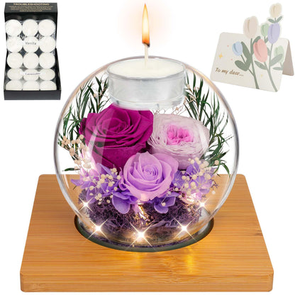 ENERLEAF Preserved Purple Real Rose in Glass with Scented Candles – Forever Flower Romantic Anniversary Christmas Birthday Valentines for Mom, Women, Wife, Girlfriend, Her, Grandma