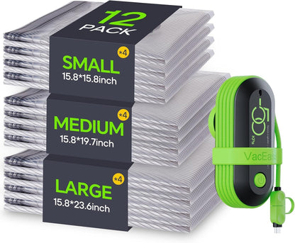 Vacbird Vacuum Bags - Travel Compression Packing Bags with USB Pump | 12 Pack Carry-On Size for Clothes