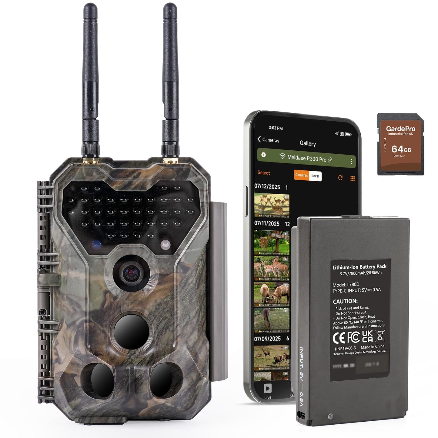 Meidase P300 Pro (Non-Cellular) WiFi Trail Camera, Dual-Antenna 165ft Range, 7800mAh Battery,Fast 0.1s Trigger Speed Motion Activated 64MP Photos, 1296p HD Video, 64GB Industrial SD Card Included
