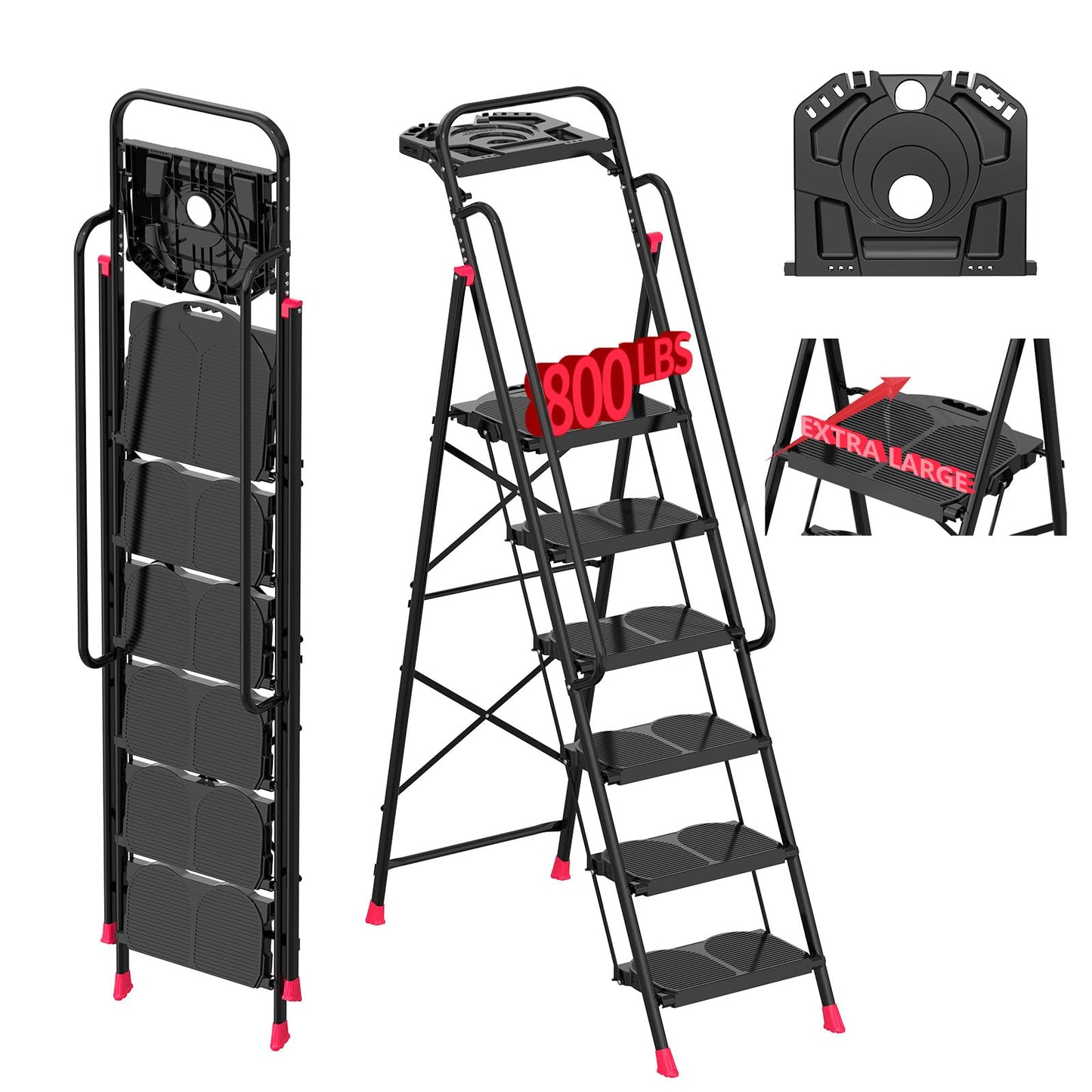 6 Step Foldable Step Ladder with Roomy Tool Tray & Secure Handrail, Wide Pedals Platform Stool 800lbs Capacity for Adults Home Kitchen