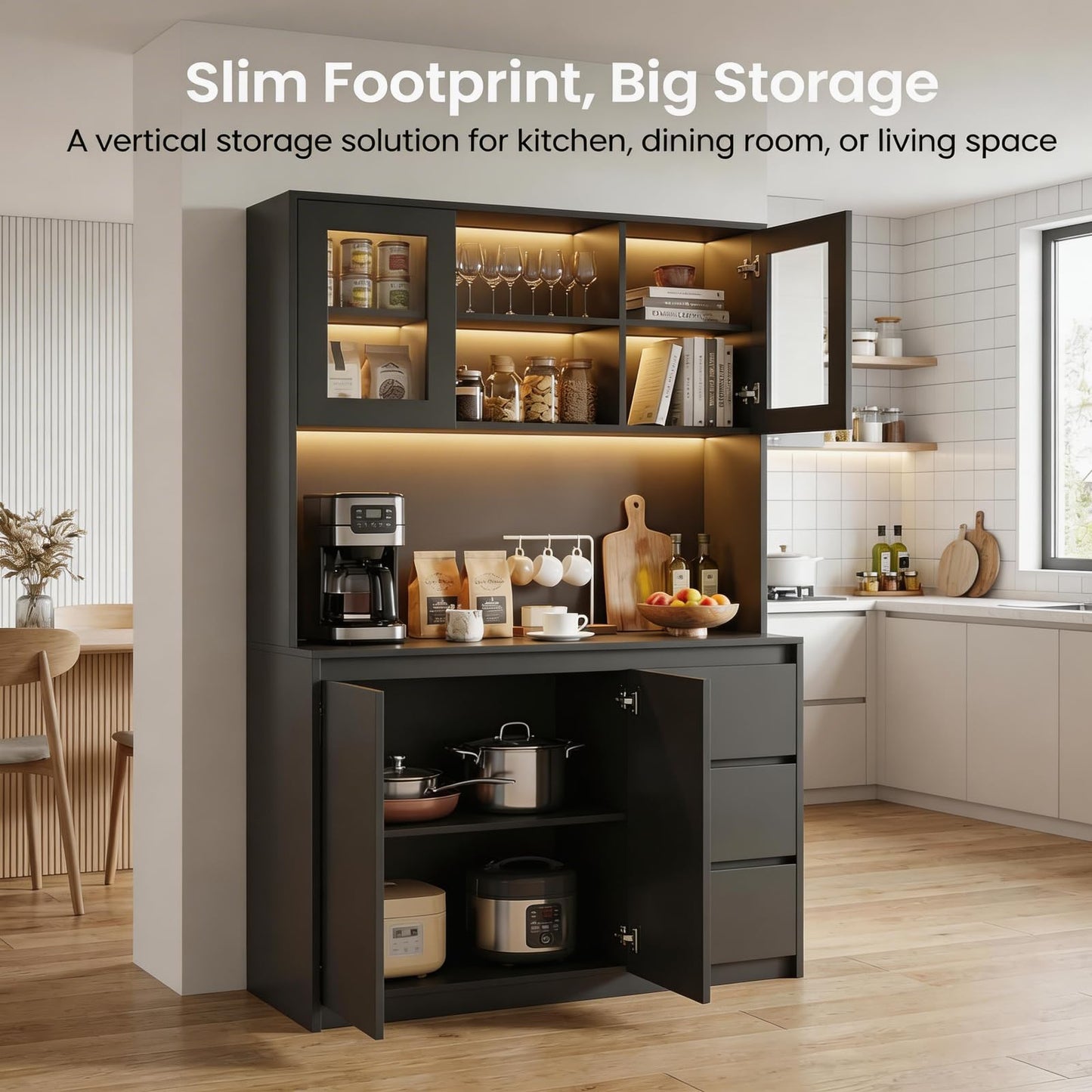 71" Kitchen Pantry Cabinet,Tall Storage Cabinet with Doors & Shelves Adjustable, Kitchen Storage Hutch with Microwave Shelf,Coffee Bar,Led Lights&Charging Station,Corner Pantry Cabinet for Living Room