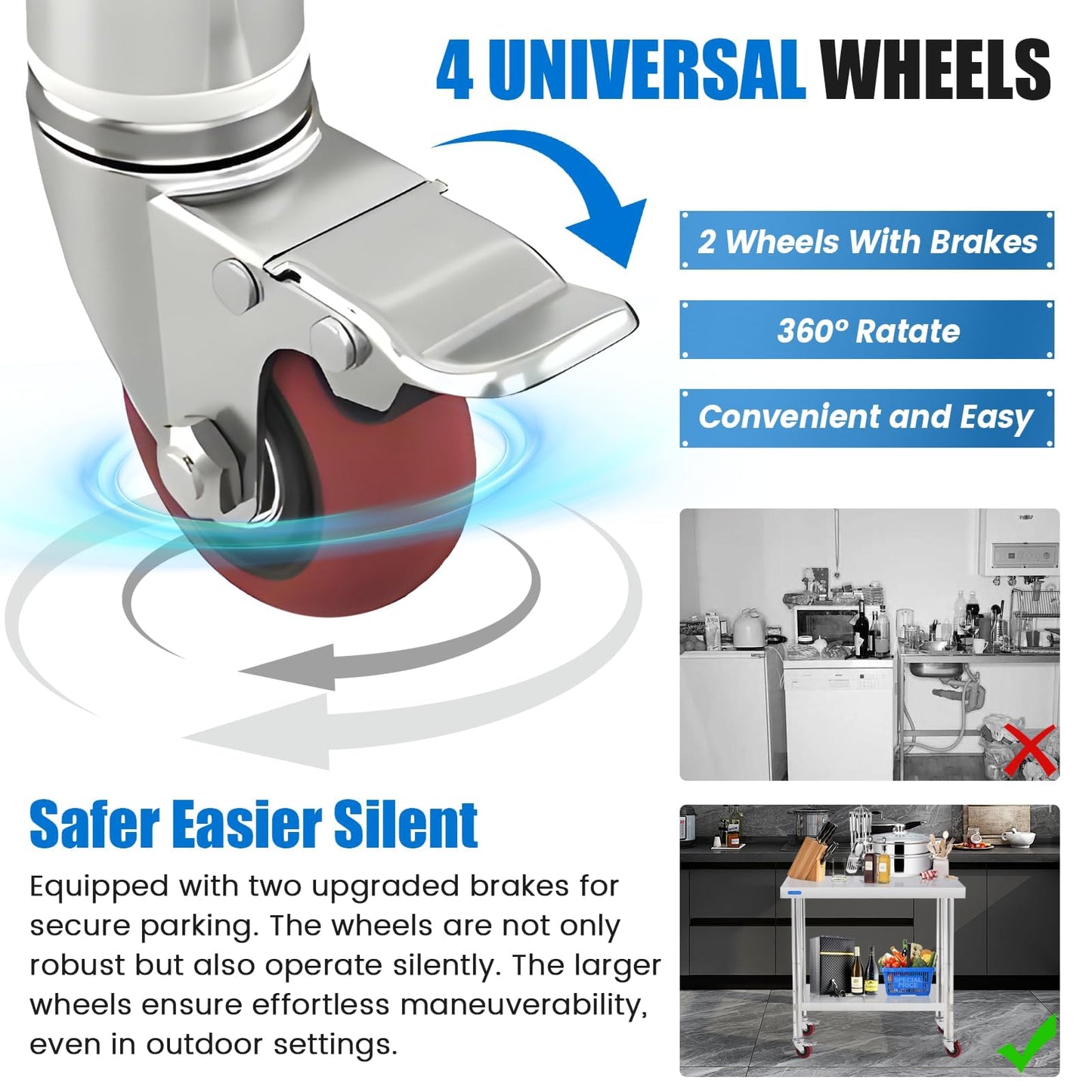 KUARBARR Stainless Steel Table for Prep & Work with 4 Caster Wheels with Backsplash 24 x 30 NSF Metal Commercial Kitchen Adjustable Under Shelf Worktable for Restaurant Home Outdoor