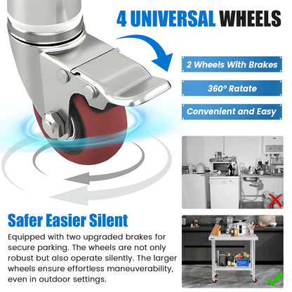 KUARBARR Stainless Steel Table for Prep & Work with 4 Caster Wheels with Backsplash 24 x 30 NSF Metal Commercial Kitchen Adjustable Under Shelf Worktable for Restaurant Home Outdoor
