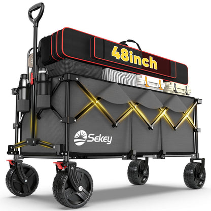Sekey 48''L Collapsible Foldable Extended Wagon with 660lbs Weight Capacity, Heavy Duty 300L Folding Utility Garden Cart with Big All-Terrain Beach Wheels & Drink Holders. Grey