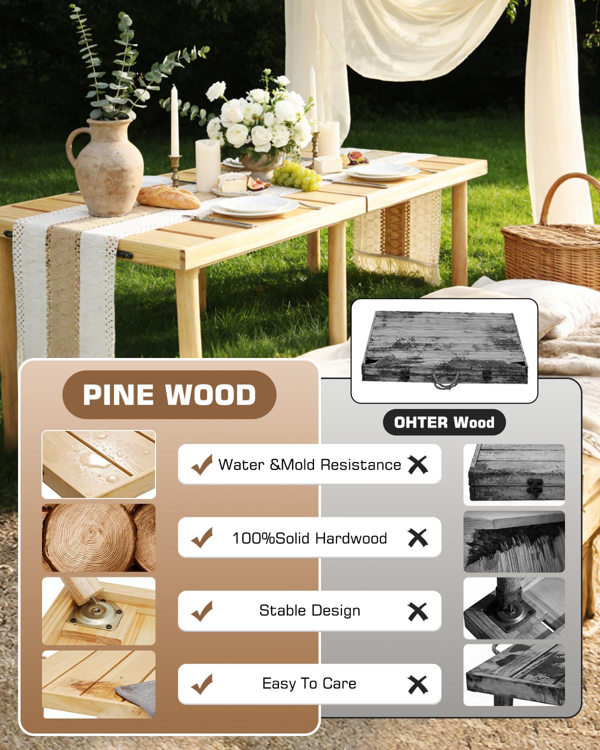 Gereat 48" X 24" Boho Low Picnic Table, Portable Wooden Picnic Table with 3 Adjustable Heights, Natural Pine Wood Floor Table for Camping, Weddings, Beach & Family Gatherings, Seating for 2-4 People