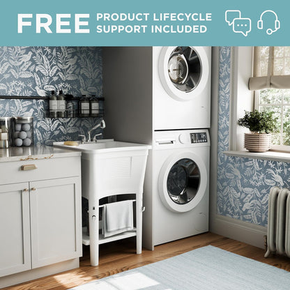 Zenna Home Utility Sink Laundry Tub with Pull-Out Faucet, All-in-One Freestanding Utility Tub for Laundry Room, Basement, Garage, Outdoor Kitchen, 24" L x 24" W x 36.75" H, White