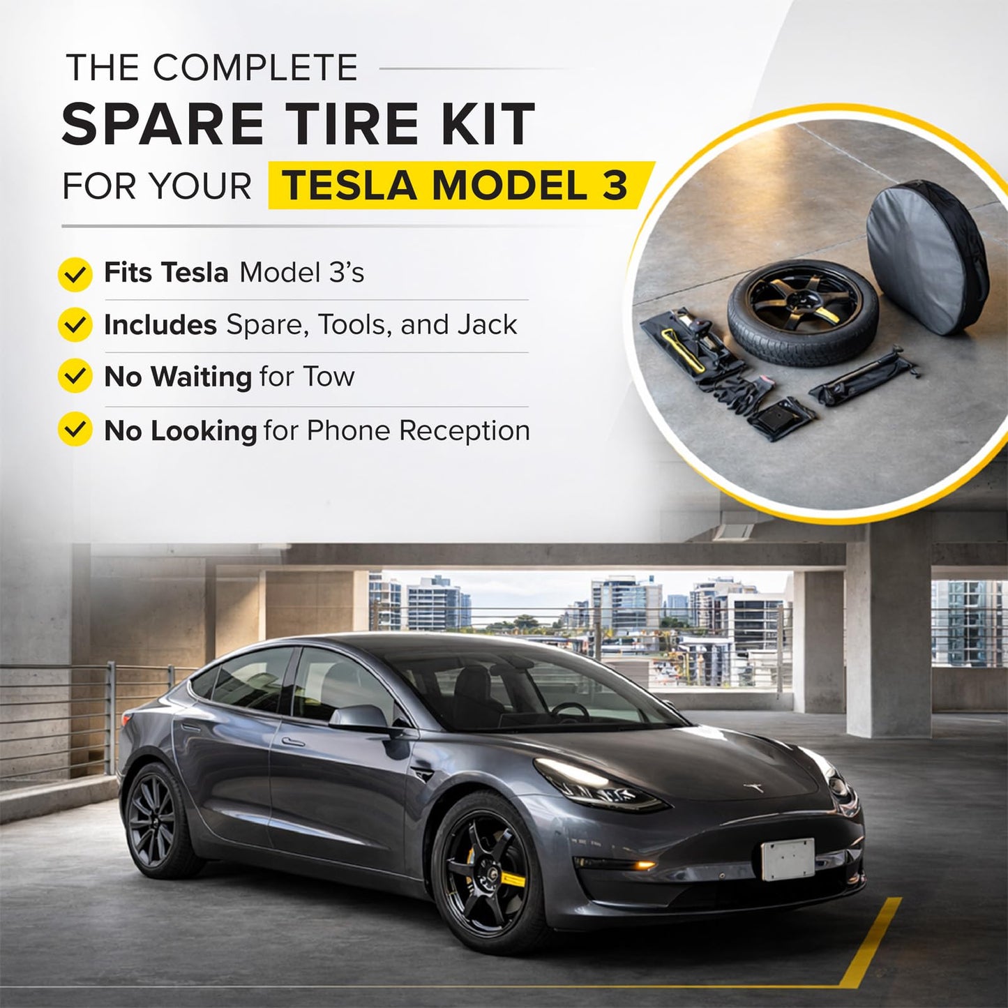 StanceMagic Complete Spare Wheel Tire Kit Fits 2017-2026 Tesla Model 3 Long Range RWD, 18x4 Rim, 125/80R18 Tire, 2 Ton Scissor Jack, Tools, Carrying Bag, Also fits Highland