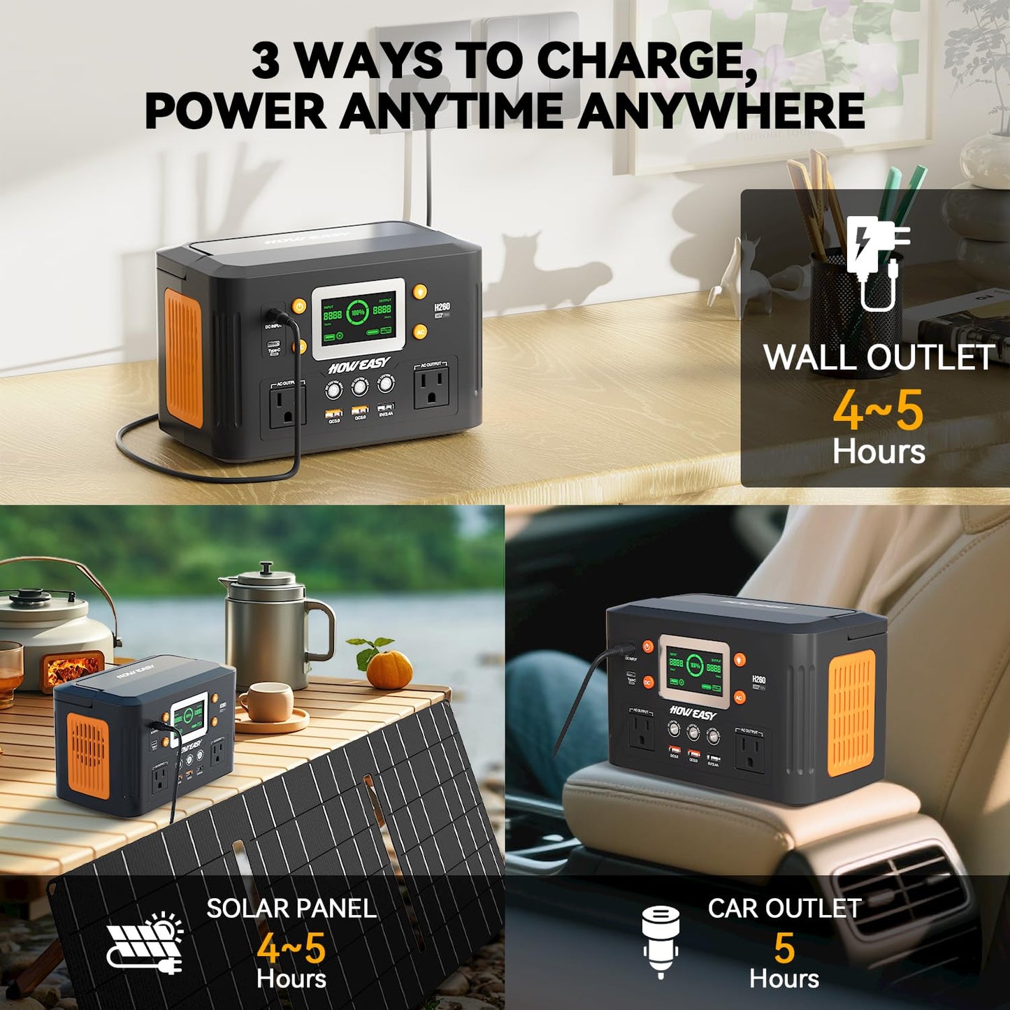 HOWEASY Portable Power Station,260W(500W peak) Solar Generator with PD 65W,110V Pure Sine Wave AC Outlet, 48000mAh Backup Lithium Battery for Outdoor Camping Travel Home Emergency
