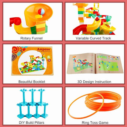 Marble Run Building Blocks for Kids Age 3-8 128 Pcs STEM Building Bricks Set with Toss Ring Game Educational Learning Toys for Toddlers Boys Girls Gifts- Compatible with All Major Brands
