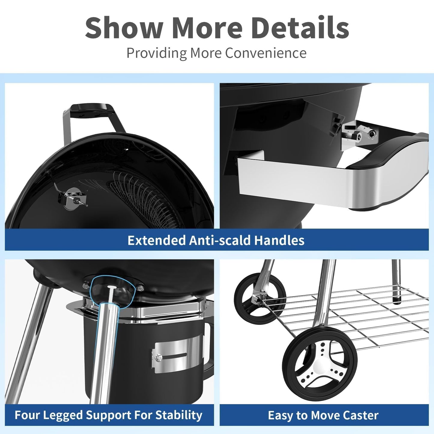 22.5-Inch Portable Charcoal Grill, Heavy Duty Kettle BBQ Smoker with Built-in Thermometer & Removable Water-Rinsable Ash Catcher for Outdoor Camping, Patio, Backyard, and Tailgating