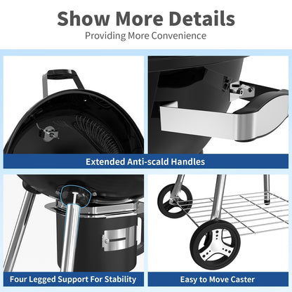 22.5-Inch Portable Charcoal Grill, Heavy Duty Kettle BBQ Smoker with Built-in Thermometer & Removable Water-Rinsable Ash Catcher for Outdoor Camping, Patio, Backyard, and Tailgating