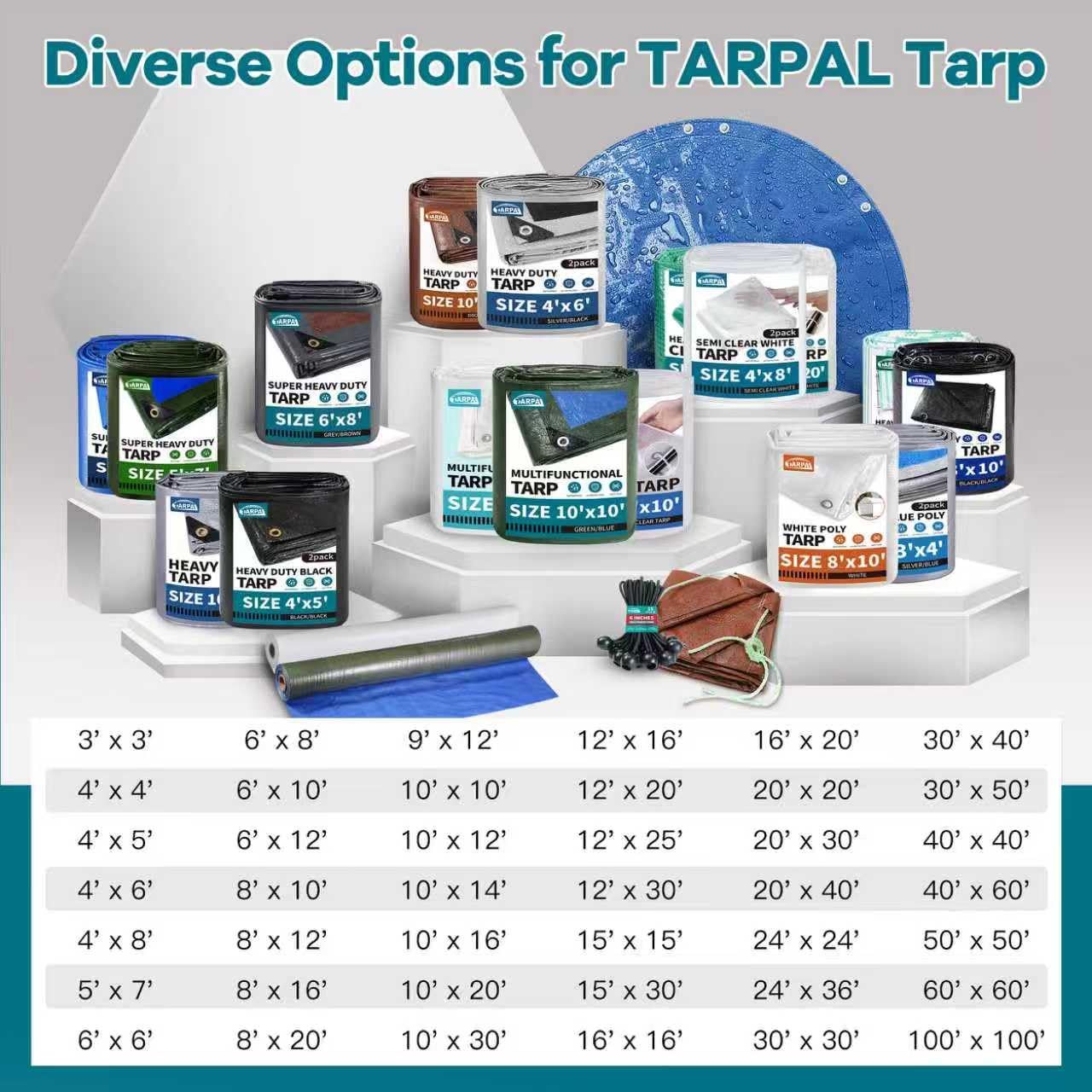 TARPAL 20x40ft Waterproof Heavy Duty Tarp 16Mil Thick with Metal Grommets Every 17.7" Large Multipurpose Tarp Tear-Resistant UV Protection Covers Roof, Pool,Car,Firewood&Outdoor Furniture(Blue/Brown)