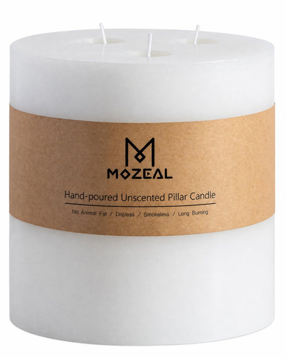 MOZEAL Extra Large 3 Wick White Pillar Candle, 6" x 6", Unscented, Dripless, Smokeless, and Clean-Burning. Approx. 120 Hours of Burn Time. Perfect for Weddings, Dinners, Christmas and Home Decor
