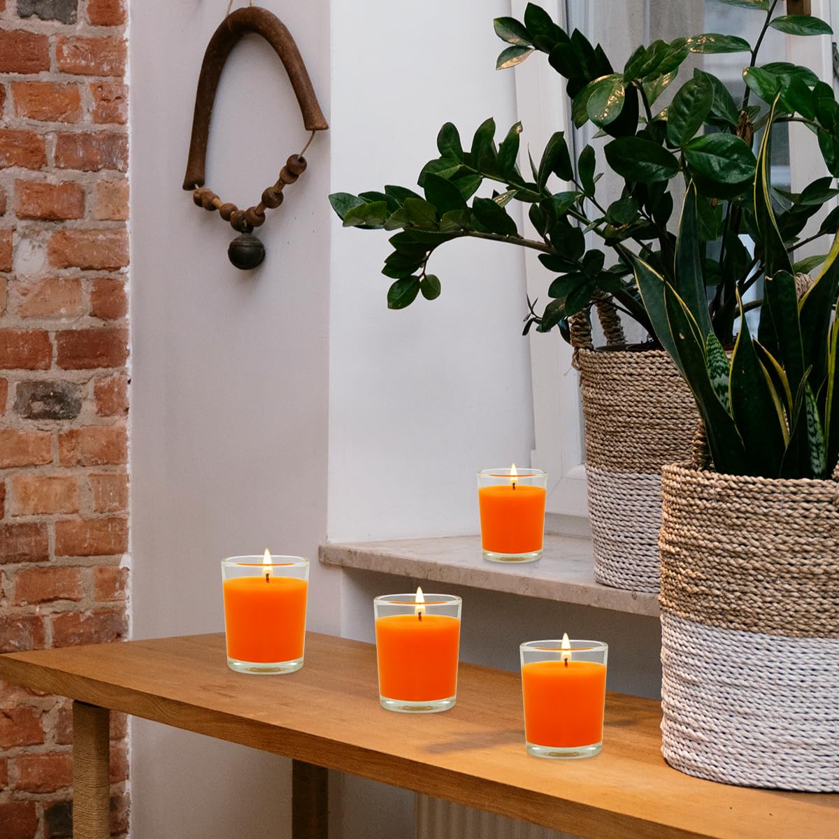 6 Pack Unscented Orange Votive Candles in Glass, 2 Inch Natural Soy Wax Scentless Fall Harvest Autumn Candles for Halloween Thanksgiving Wedding Party Home Holiday Relaxation, 12-15 Hour Burning Time