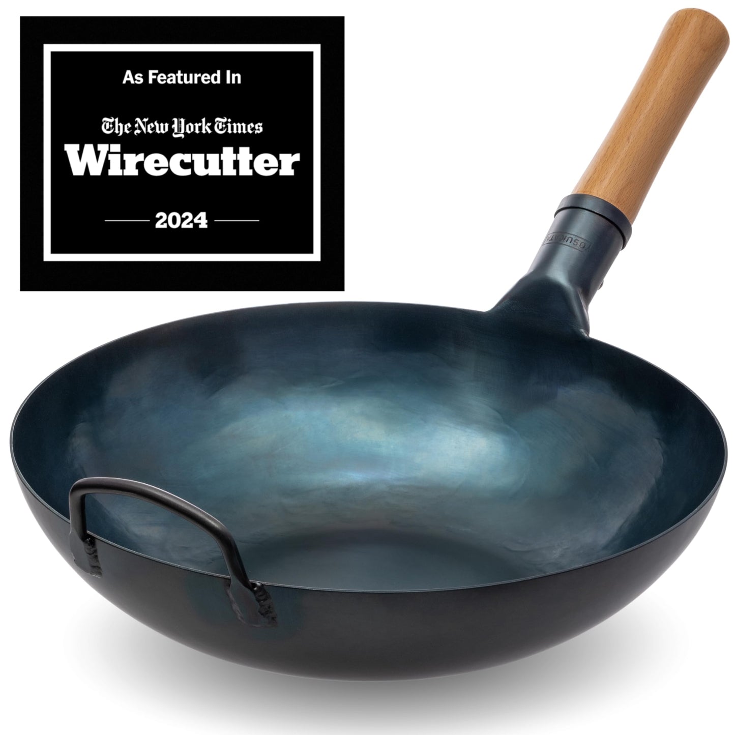 YOSUKATA Carbon Steel Flat Bottom Wok Pan - 13.5" + Wok Lid 12.8 Inch - Cover with Tempered Glass Insert Steam Holes + Blue Carbon Steel 17-inch Spatula, Ladle, 3 pairs Chopsticks