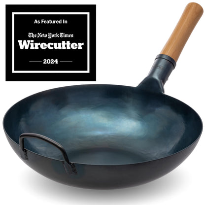 YOSUKATA Product Image Woks and Frying Pans 13.5" - Pre-seasoned Flat Bottom Wok + Wok Lid 12.8 In + 17" Wok Spatula and Ladle Skimmer Spoon + Wooden Long Cooking Chopsticks Set of 3 pairs